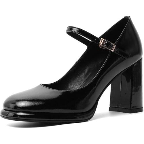 Spring Women Mary Janes Pumps Elegant Ladies Patent Leather Ankle Strap Square Toe Black Red White High Thick Heel Shoes M014