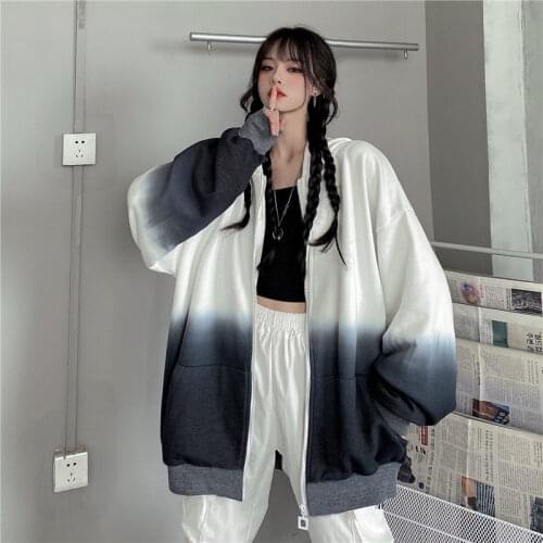 Autumn and winter plus plus thick Harajuku wind coat womens hoodie loose gradient color cardigan jacket