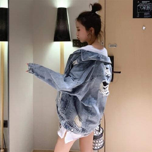 Vintage Hole Denim Jacket Woman 2021 Loose Spring Clothes New Korean Fashion Of BF Wind All-Match Casual Jeans Coat Female A840