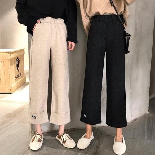 2019 Autumn And Winter Wide Leg Pants Women Elastic High Waist Casual Women Pant Woolen Ankle-Length Pants Female Basic Trousers