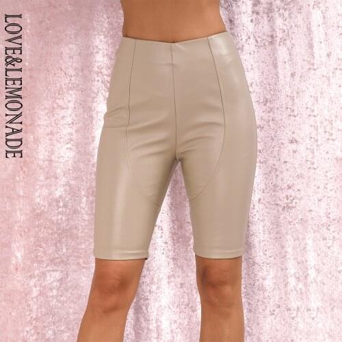 LOVE&LEMONADE Sexy NUDE Stitching Elastic Faux Leather Slim Shorts LM82013