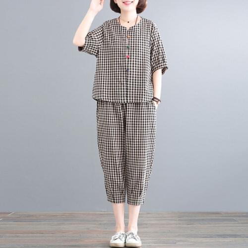 2021 Summer Fashion Women Cotton Short-sleeve Loose Top + High Waist Nine-point Harlan Pants Suits Plaid Two-piece Suit Y808