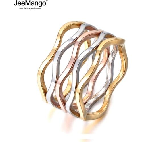 JeeMango Find Jewelry Ring Multicolor Wave Shape Multilayer Titanium Steel Engagement Wedding Ring For Women Bague Femme JR17055
