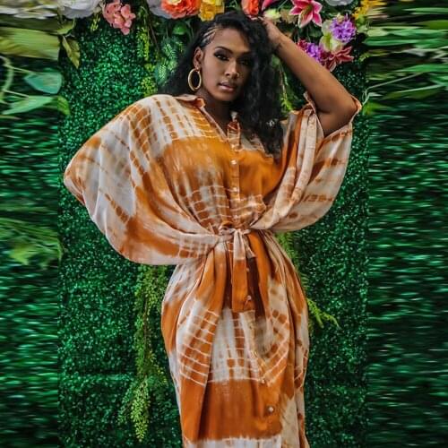 Blue Orange Tie Dye Print Shirt Dresses for Women Turn Down Collar Half Sleeve Blouse Dress Autumn Buttons Up Irregular Robe