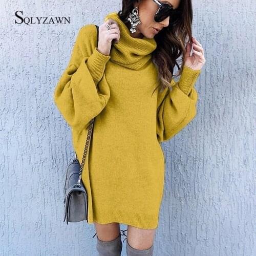Turtlenek Long Lantern Sleeve Sweater Dress Women Korean Autumn Winter Loose Knitted Runway Pullover Fashion Yellow Pink Clothes