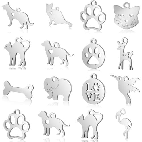 10pcs/lot Pet Dog Cat Paw DIY Charms Wholesale 100% Stainless Steel Dachshund Elephant Pendant Hummingbird Frog Connector Charm