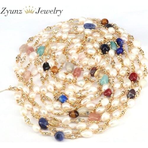 3 Meters, Nature Pearl Beads CZ Link Chains For Jewelry Making, Irregular Pearl with Nature Assorted Stones Golden Rosary Chains