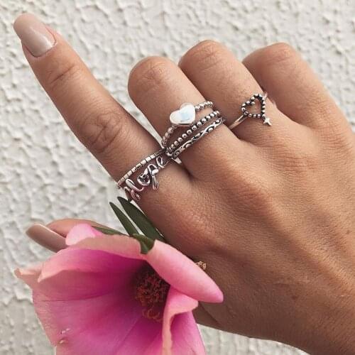 6Pcs/Set New Bohemian Vintage Silver Color Metal knuckle Rings for Women Hope Letter Ring Set Gypsy Tribal Party Jewelry