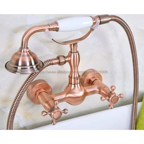 Antique Red Copper Wall Mounted Bathroom Faucet With Hand Held Shower Head Bathroom Shower Faucet Set Mixer Tap Bna335
