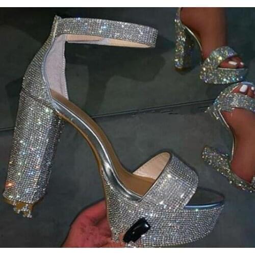 Bling Bling Open Toe Full Rhinestone High Platform Chunky Heel Sandals Ankle Strap Crystal Sandals Wedding Thick Heels Shoes