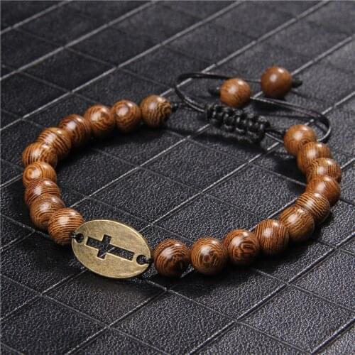 Natural Wood Beads Cross Bracelets Tiger Eye Meditation Prayer Beaded Crown Charm Bracelet for Women Wooden Yoga Jewelry Gifts