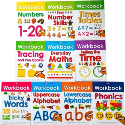 Children Reusable Wipe-Clean Book with Pens/Kids Phonics English Book Maths Alphabet Practise for Preschool 21*27cm