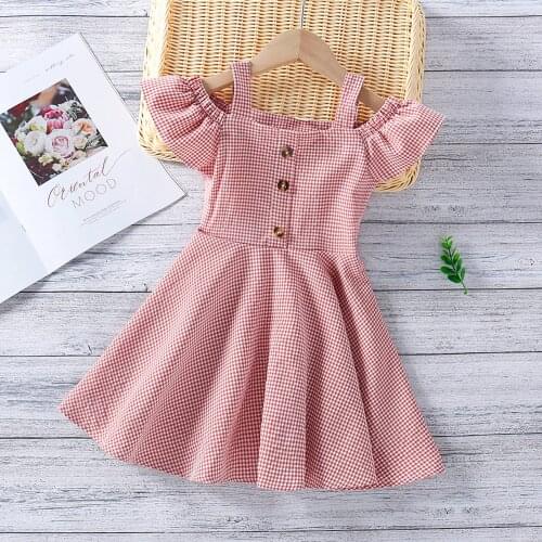 2021 Children Girls Summer Dress Pink Plaid Square Neck Off Shoulder Short Sleeves A-Line Casual Dress