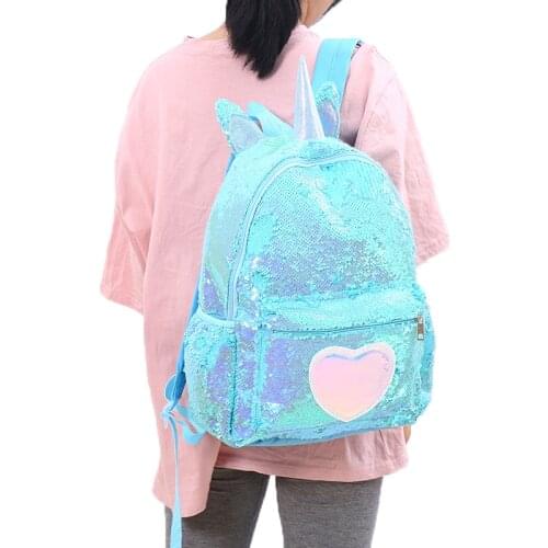 Girl Holographic Love Unicorn School Bag Teenager Children Colorful Heart Sequins Backpacks Women Large Glittering Travel Bag