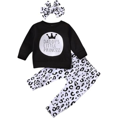 Infant Baby Clothes Set, Letter Print Long Sleeve O-neck Tops + Leopard Prints Long Pants + Headband for Spring, Fall 2020 New