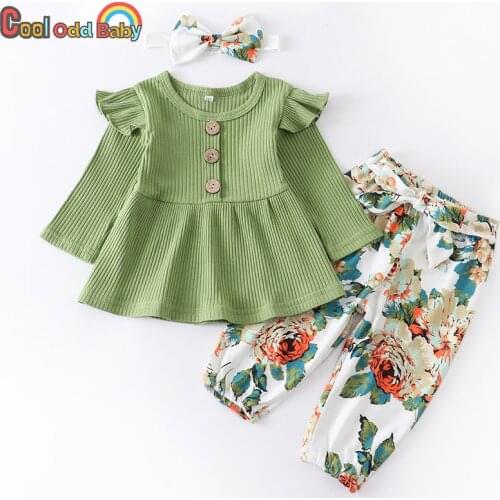 3Pcs Newborn Baby Girl Clothes Set Fall Toddler Outfit Cotton Long Sleeve Green Tops Flowers Pants Headband Infant Clothing Suit