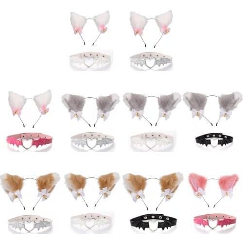 Furry Cat Ears Headwear Choker Collar Set Sexy Bow Bells Hairband Accessories for Festival Fluffy Cute Hair Hoop