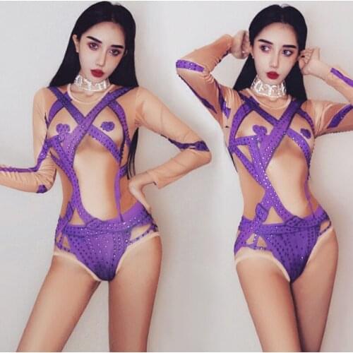 New Ds Stage Costumes Nightclub Female Singer Pole/jazz/Hip Hop Dance Performance Jumpsuit Rhinestones Purple Bodysuit DQL3415