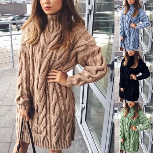 Women Sweaters Dress Autumn Winter Cotton Acrylic Fiber Long Sleeve Turtleneck Twist Knitted Sweater Mini Dress pull femme 2021