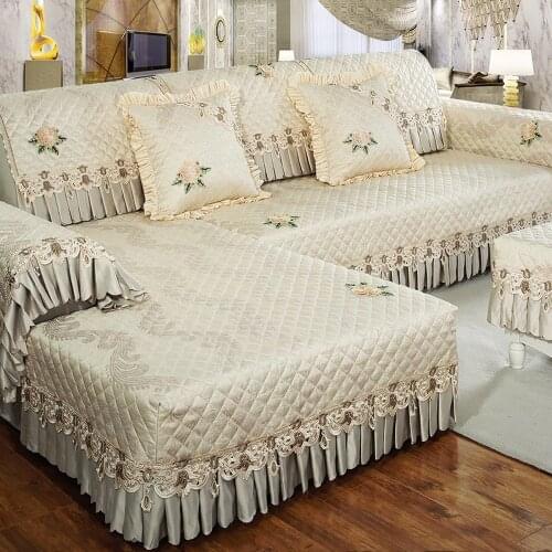 Light Yellow Luxury Cotton Linen Sofa Cover Grey Jacquard Embroidery Sofa Towel Thick Soft Cushion Pillowcase Exquisite Sofa Set