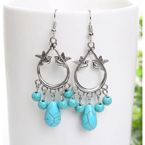 Earrings Tibetan Silver-color Natural Blue Vintage Earrings Ethnic Dangle Drop Birds Earrings Jewelry Gift