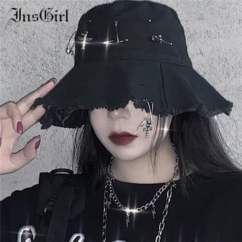 InsGirl Harajuku Dark Black Hat Women Cross High Street Summer Caps Y2k E-girl Punk Fashion Hip Hop Fisherman Hat Female