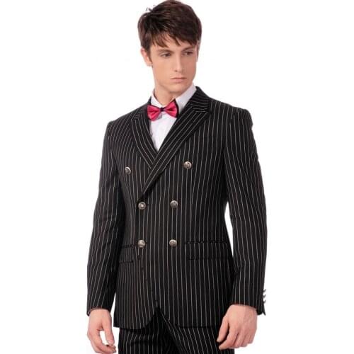 Side Vent Groomsmen Peak Lapel Groom Tuxedos Black White Stripe Men Suits Wedding Best Man (Jacket+Pants+Tie+Hankerchief) B840