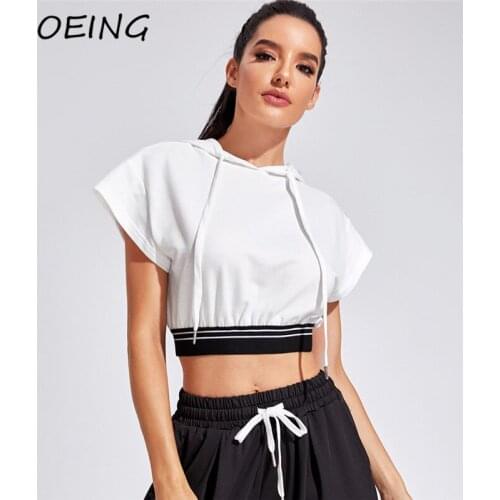 Sport Crop Top Short Sleeve Hooded Shirts Loose Breathable Jogging Workout Lounge Wear Exercise Tops