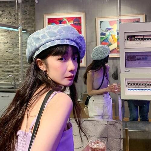 Japanese Vintage Fashion Plaid Denim Beret Hats For Women Spring Autumn Thin French Classic Breathable Painter Caps