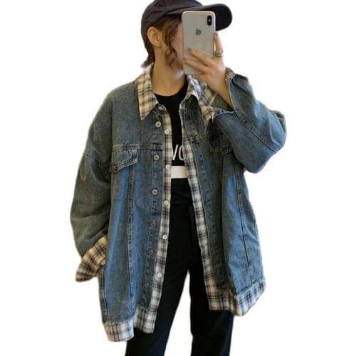 Womens Denim Jean Jackets 2021 Autumn Korean Loose BF Fake Two Piece Spliced Plaid Shirt Outwear Vintage Streetwear Cowboy Coat