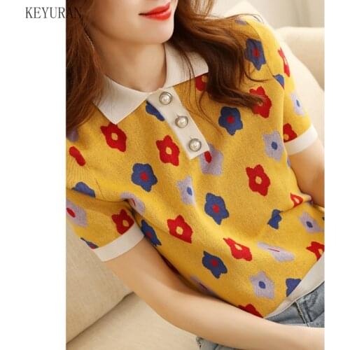 Yellow Turn-down Collar Printed Thin Knitted T-Shirt Womens 2021 Summer New Loose Slimming Short-Sleeved Ice Silk Top Tee
