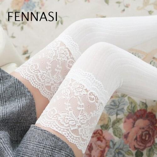 FENNASI Womens Compression Stockings Nurse Lolita Cute Sexy Lace Over Knee Spring Cotton Thigh High Socks