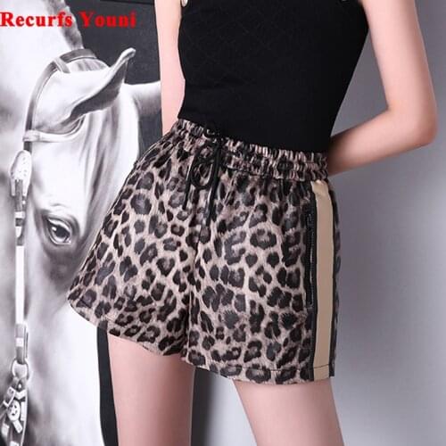Women Shorts Feminino Autumn/Winter 2021 Leopard Print Genuine Leather Elastic Waist Pants Female Harajuku Casual Street Ropa
