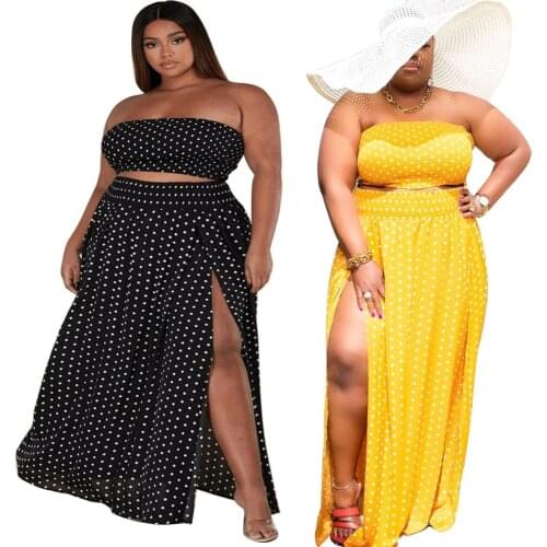 Cutubly Plus Size L-4XL Skirt Set Polka Dot Printing Women Set Halter Tube Top Casual Fashion Sexy Split Skirt Two-Piece Suit