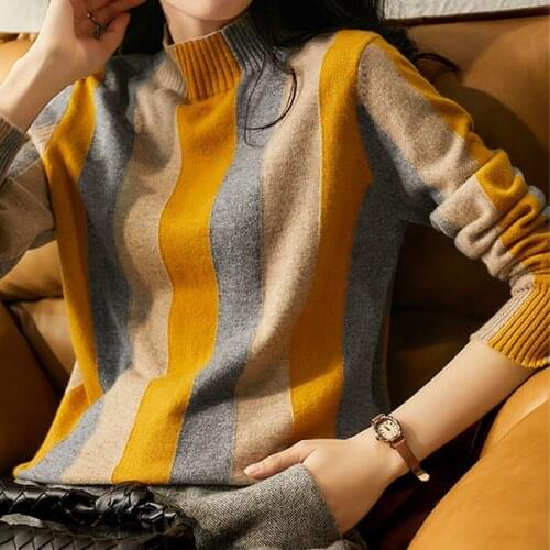 Autumn/Winter 2020 new stylish semi-high-necked vertical striped top knitwear girl striped sweater pull over sweater women