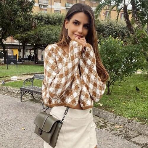 Ardm Womens Argyle Cardigan Mujer Vintage Plaid England Style Geometric Long Sleeve Cut Wnter Ropa De Mujer 2020 Croped Tops