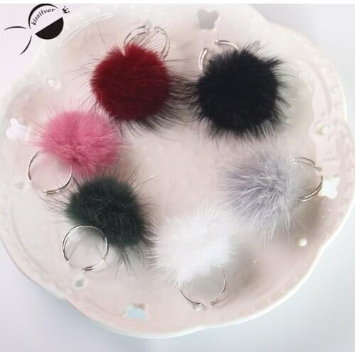 Real Mink Fur Women Rings 925 Sterling Silver Fashion Cute Adjustable Ring For Girls Opening Party Rings Valentines Day Gifts