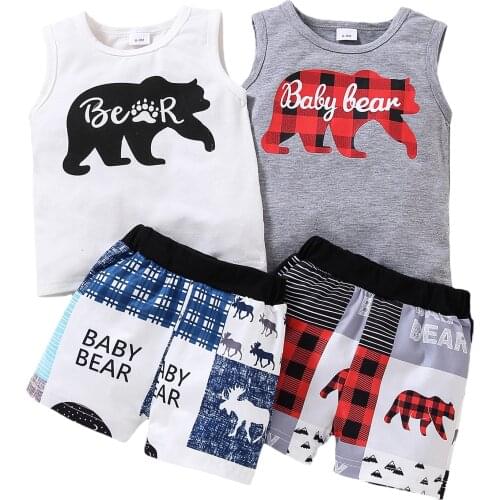 2021-05-04 Lioraitiin 2Pcs Set 0-4Years Toddler Baby Boys Clothes Letter Bear Print Sleeveless O-neck Vest Elastic Waist Shorts