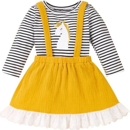 2021 Baby Girl Tops Newborn Clothing Baby Girl Long Sleeve Stripe Top + Lace Suspender Skirt Suit New
