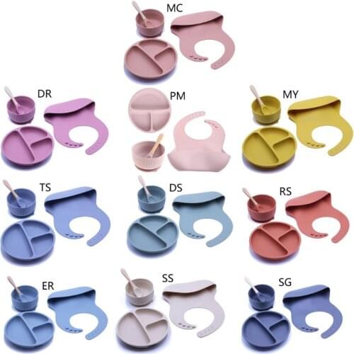 4 Stks/set Bpa Gratis Baby Siliconen Servies Waterdichte Bib Effen Kleur Diner Plaat Sucker Kom En Lepel Voor Kinderen