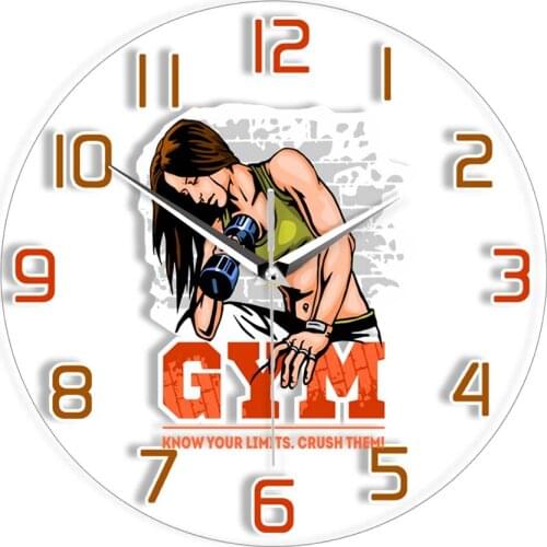 Fitness Girl With Dumbbells Printed Acrylic Wall Clock Fitness Motivation Art GYM Room Décor Silent Wall Clock Sportswoman Gift