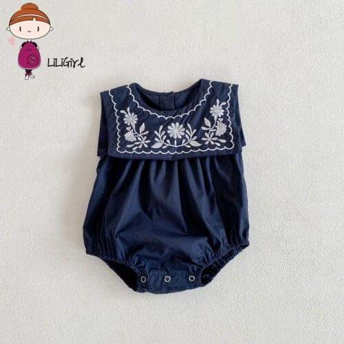 Baby Girls Summer Romper Cotton Linen Bodysuit Infant Rompers Newborn Clothes Navy Collar Embroidered Sleeveless Romper