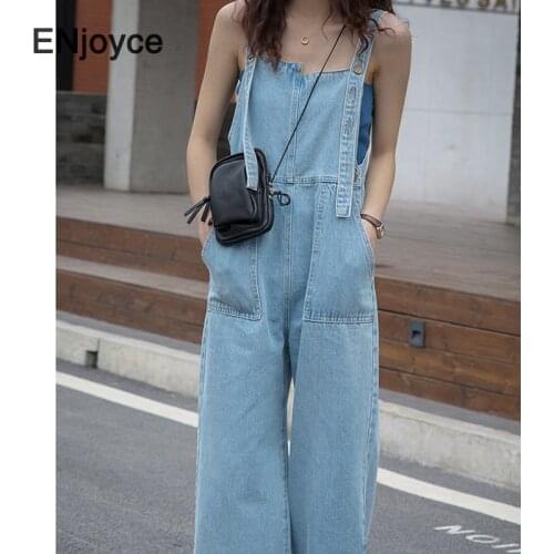 Women Light Blue Denim Jumpsuit Vintage Loose Overalls Cargo Pants Pockets Jumpsuits Office Ladies Casual Jeans Spring Summer