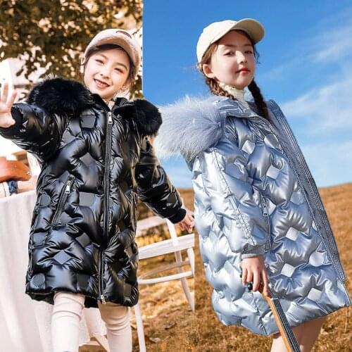 2021 New Fashion Thick Warm Girls Jacket Long Style Fur Collar Heavy Hooded Outerwear For Kids Children Birthday Present Coat