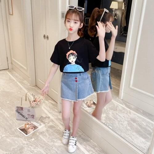 Summer Clothes for Girls Suits Cartoon T Shirt+Denim Pantskirt 2 PCS Teen Girl Outfits Casual Childrens Clothing Set Tracksuit
