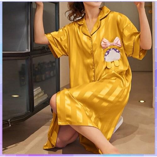 Cute Cartoon Womens Nightgowns Night Wear Summer Nightdress Sexy Nights Ice Silk Short-Sleeve Sleepwear Plus Size Nightwear
