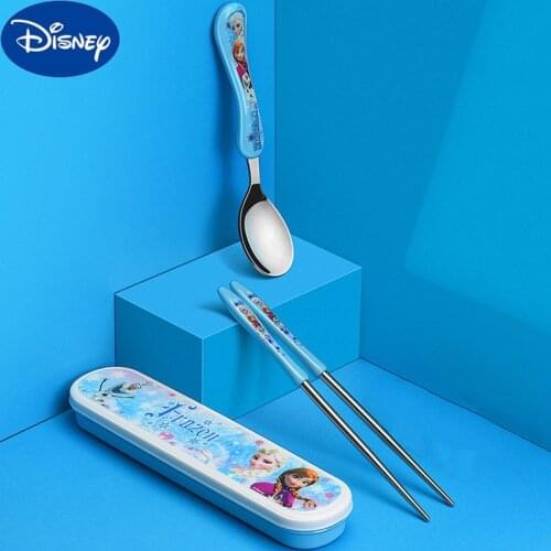 Original Disney Portable kids Tableware Set Anime Figure Frozen Monsters Inc Cars Stitch Chopsticks Spoon with Storage Box