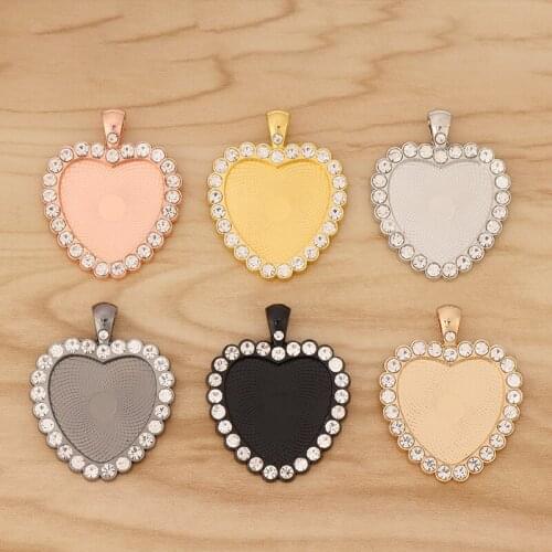 5 Pieces Heart Rhinestones Pendants Tray Frame Blank Bezel Cameo Cabochon Base Setting 25mm for DIY Necklace Jewellery Making