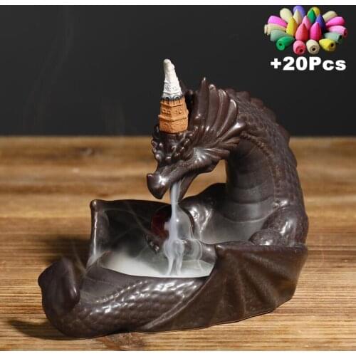 Gift 20Pcs Incense Cones Dragon Incense Burner Handmade Craft FengShui Ball Ceramic Censer Home Decor Offfice Ornament Ashtray