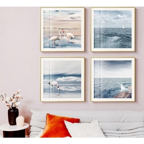 Fancy Nordic Landscape Sea Seagull Flamingo Wave Sailboat Print Picture Canvas Poster Wall Art For Living Room Home Decoration